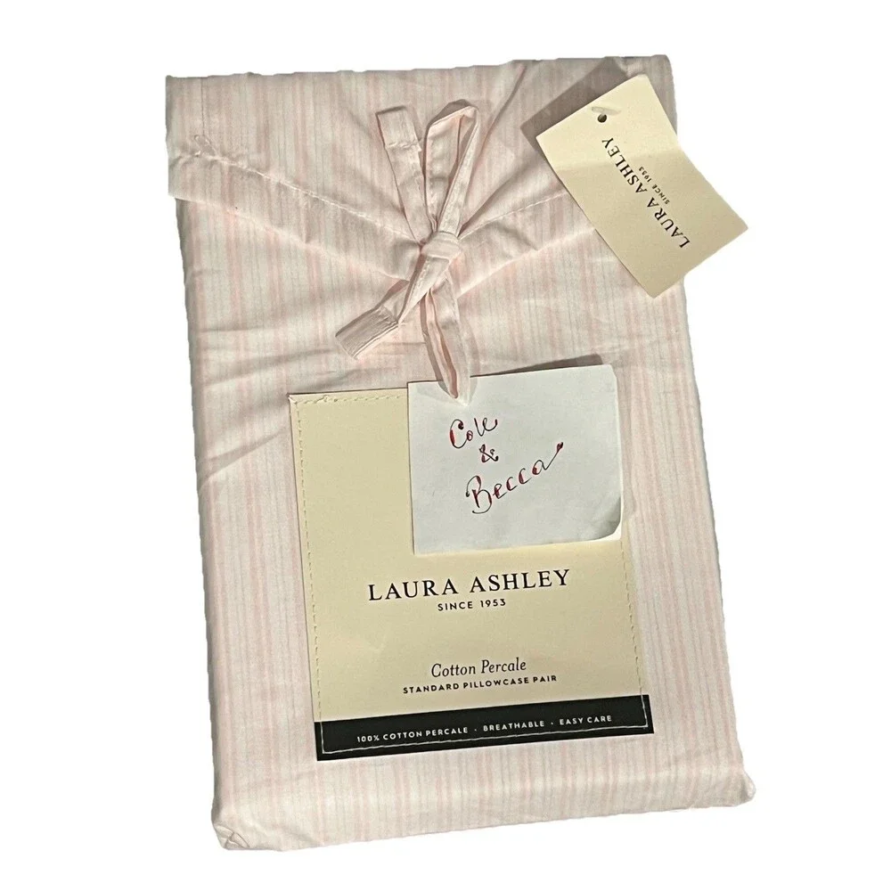 Laura Ashley Bedford Skinny Stripe Pink PILLOWCASE Pair Cotton Percale Standard